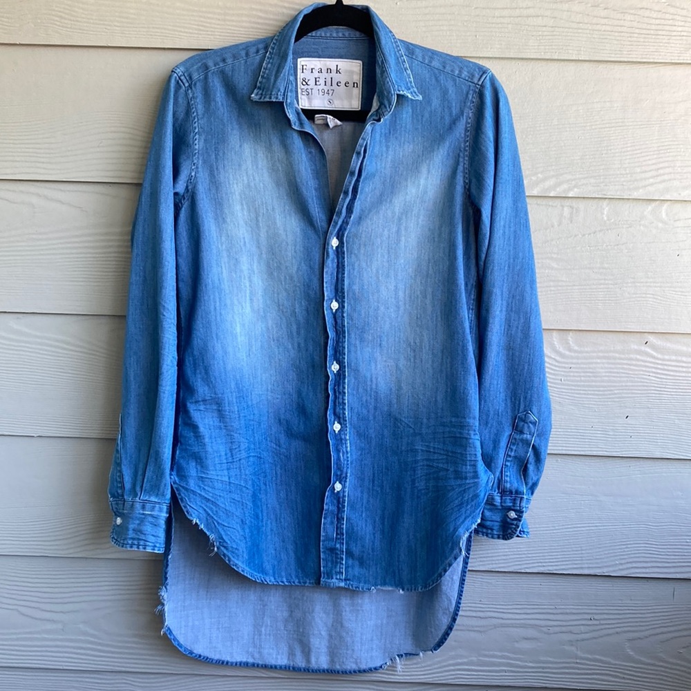 Frank & Eileen Grayson Denim Chambray Distressed Button Front Shirt